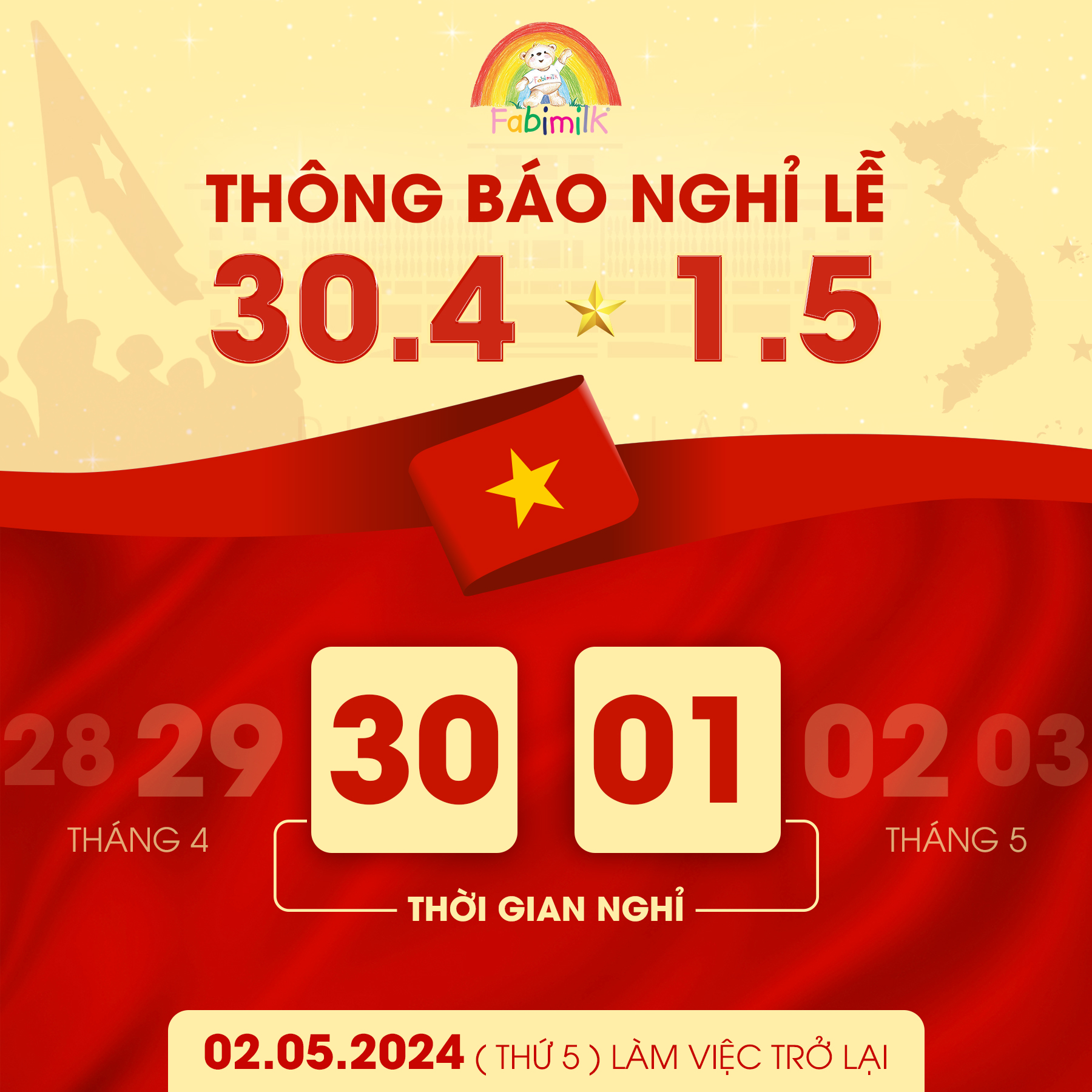 Lịch nghỉ lễ Ngày giải phóng miền Nam thống nhất đất nước 30/4 và Quốc tế lao động 1/5 năm 2024